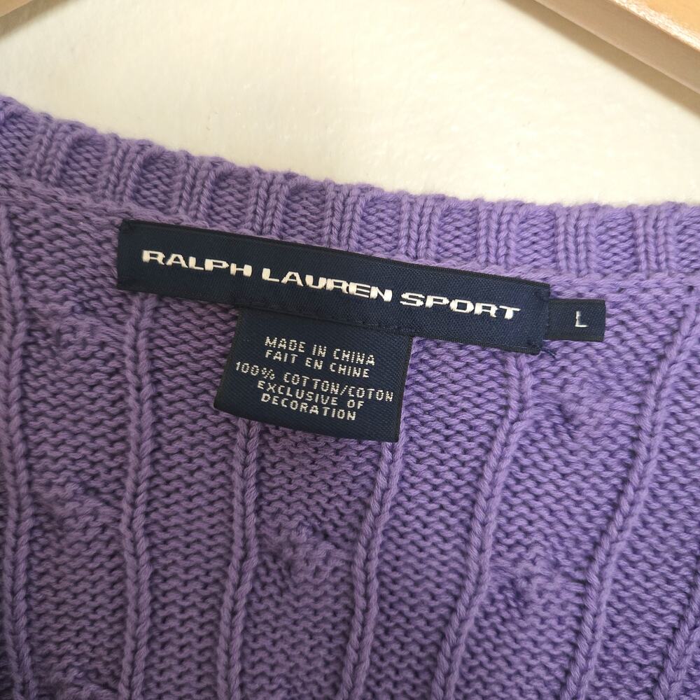 Ralph Lauren Sport Purple Cable Knit V-Neck Sweater L 100% Cotton Y2K Preppy - Picture 5 of 5